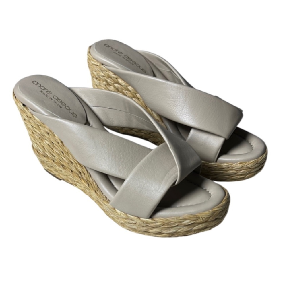André Assous Opal Tan Leather Slip-On Strappy Wedge Sandals- US 11 / EU 41